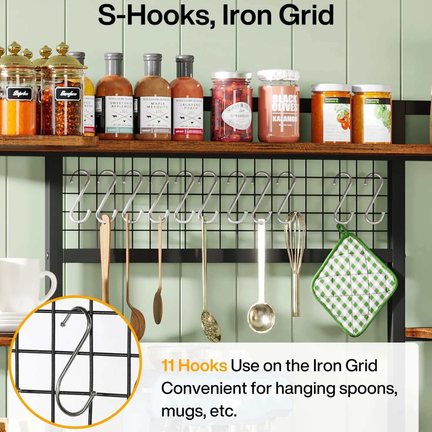 5-Tier Kitchen Baker's Rack, 55" Wide Kitchen Storage Shelf with 11 Hooks