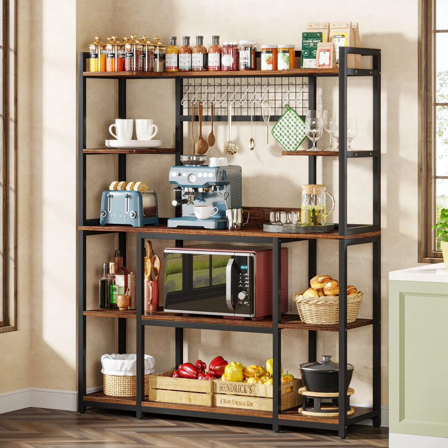 5-Tier Kitchen Baker's Rack, 55" Wide Kitchen Storage Shelf with 11 Hooks