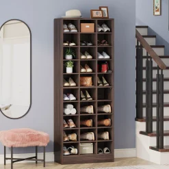 10-Tier Shoe Cabinet, Wooden Shoe Storage Rack with 30 Cubbies