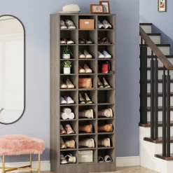 10-Tier Shoe Cabinet, Wooden Shoe Storage Rack with 30 Cubbies