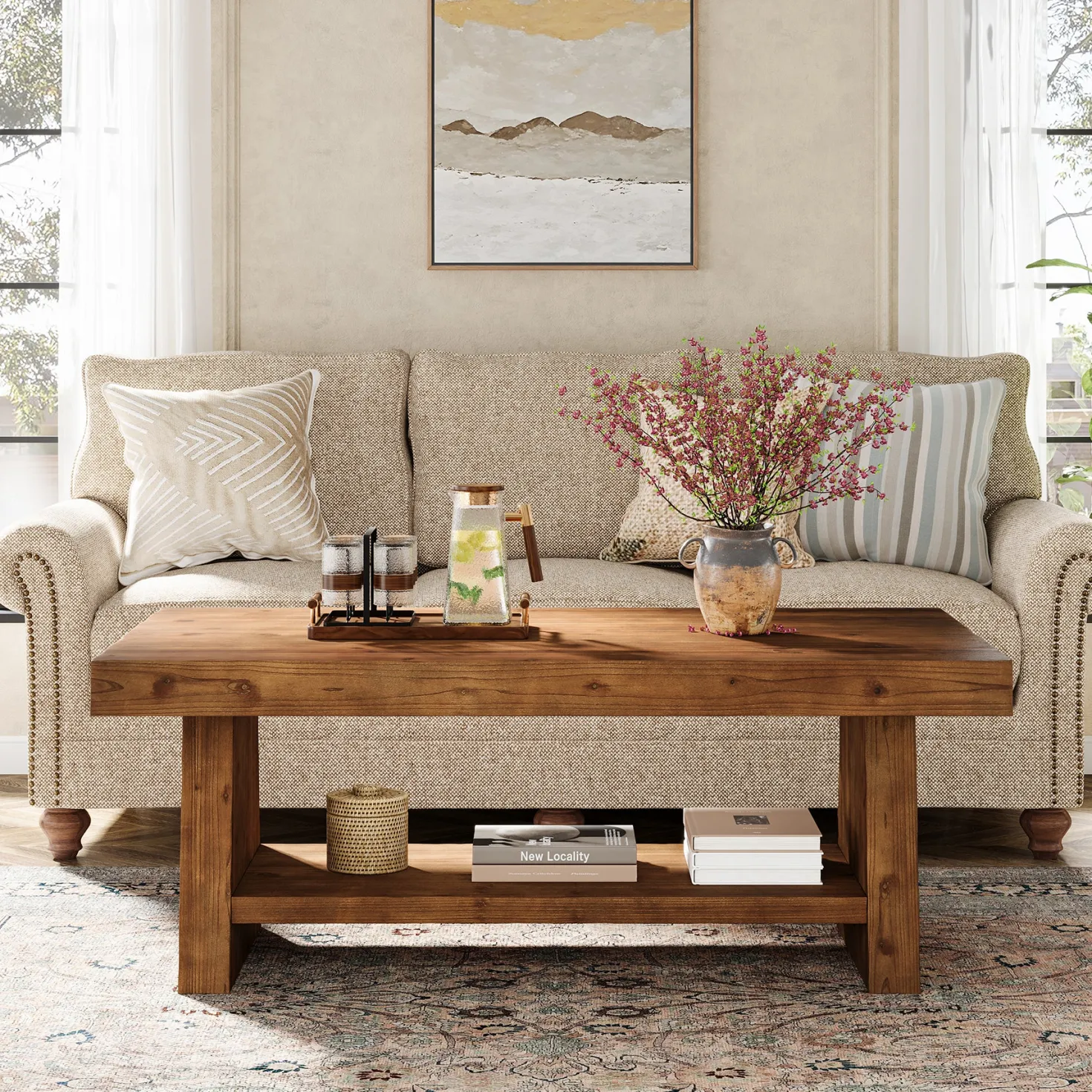 2-Tier Solid Wood Coffee Table, 47" Farmhouse Wood Center Table with Storage
