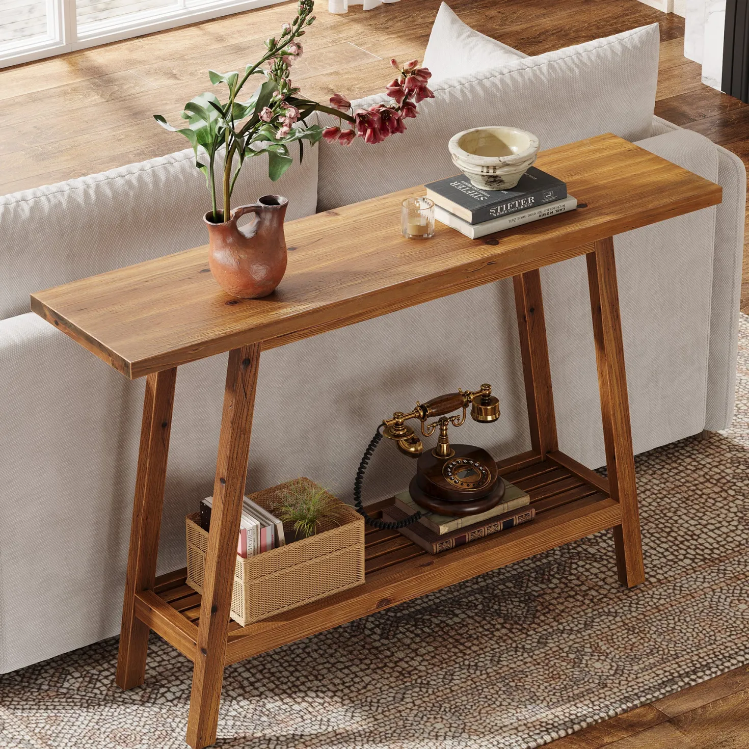2-Tier Solid Wood Console Table, 41.3" Entryway Table with Storage Shelf