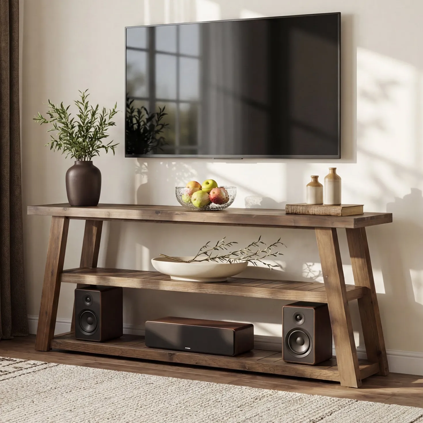 3-Tier Solid Wood TV Stand, 63" Entertainment Center with Open Shelves