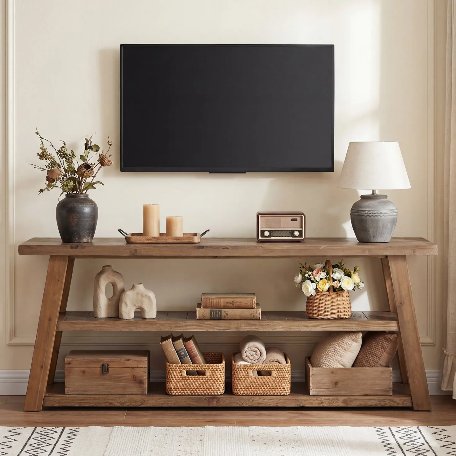 3-Tier Solid Wood TV Stand, 63" Entertainment Center with Open Shelves