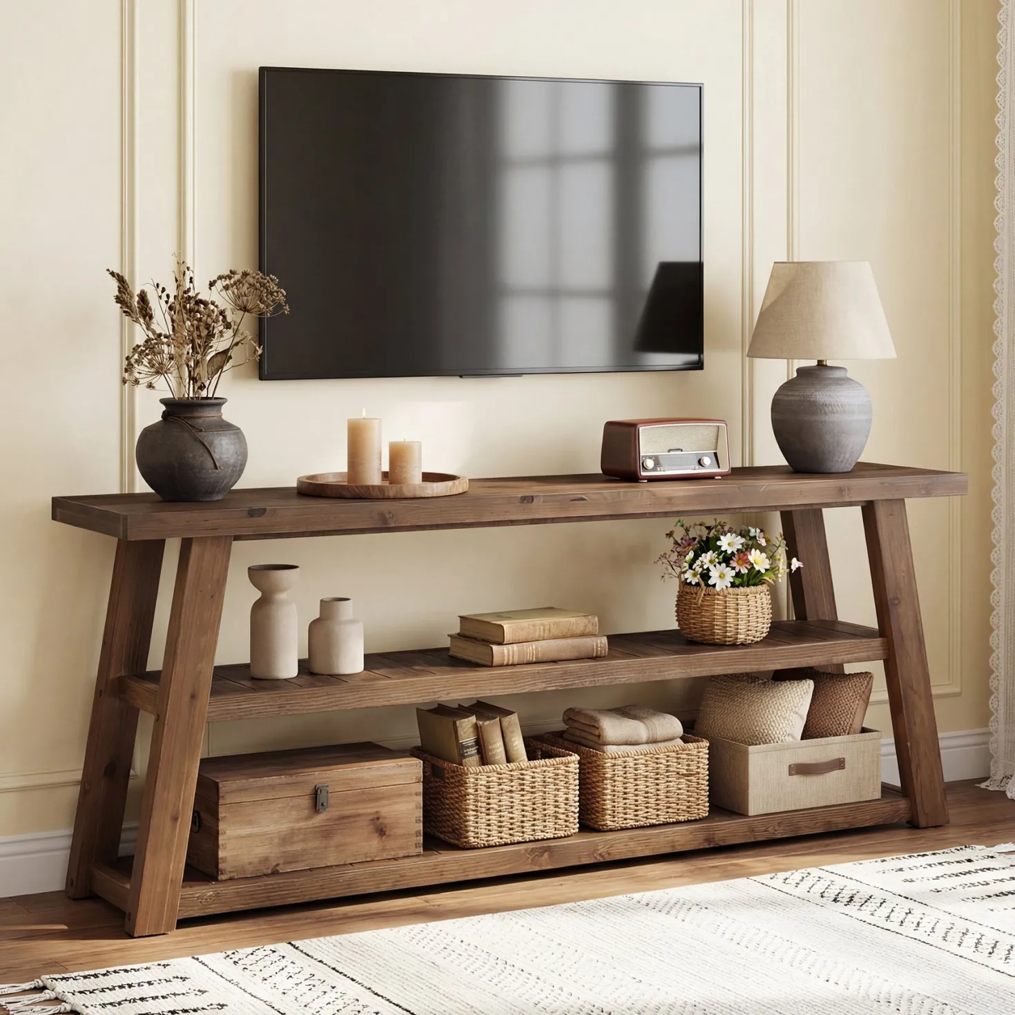 3-Tier Solid Wood TV Stand, 63" Entertainment Center with Open Shelves