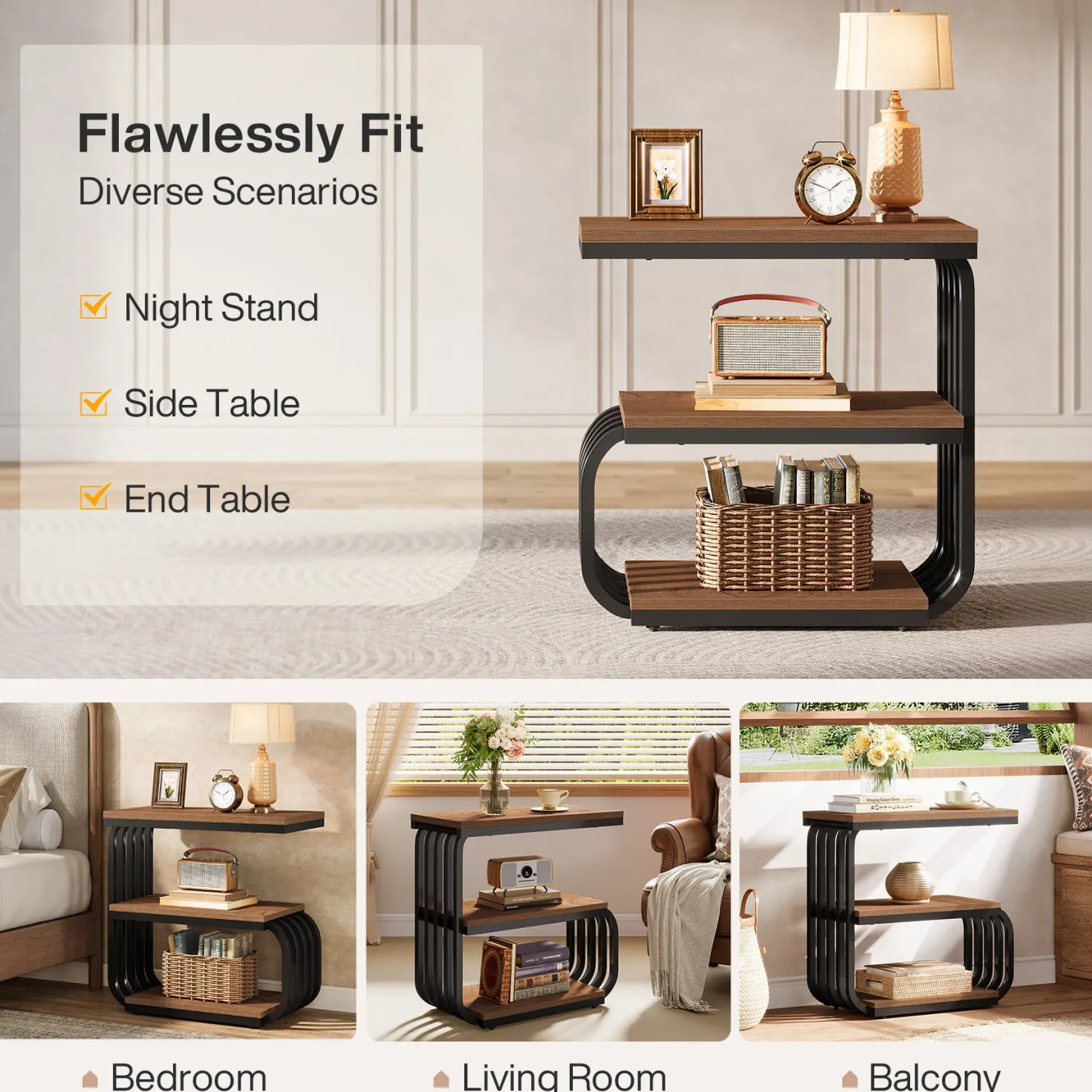 3-Tier Vintage Nightstand, Narrow Bedside Stand with Metal Frame