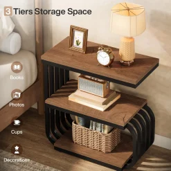 3-Tier Vintage Nightstand, Narrow Bedside Stand with Metal Frame