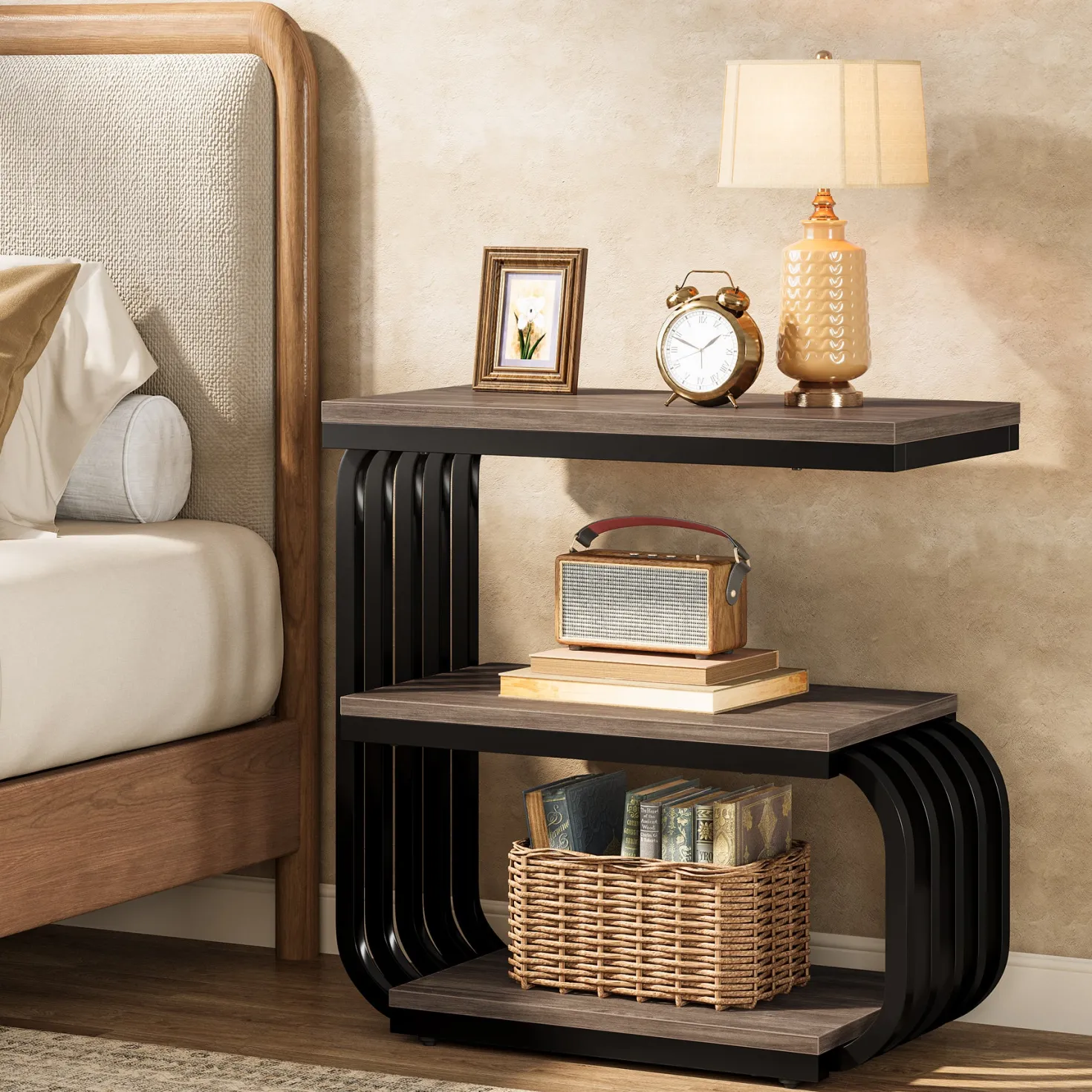 3-Tier Vintage Nightstand, Narrow Bedside Stand with Metal Frame