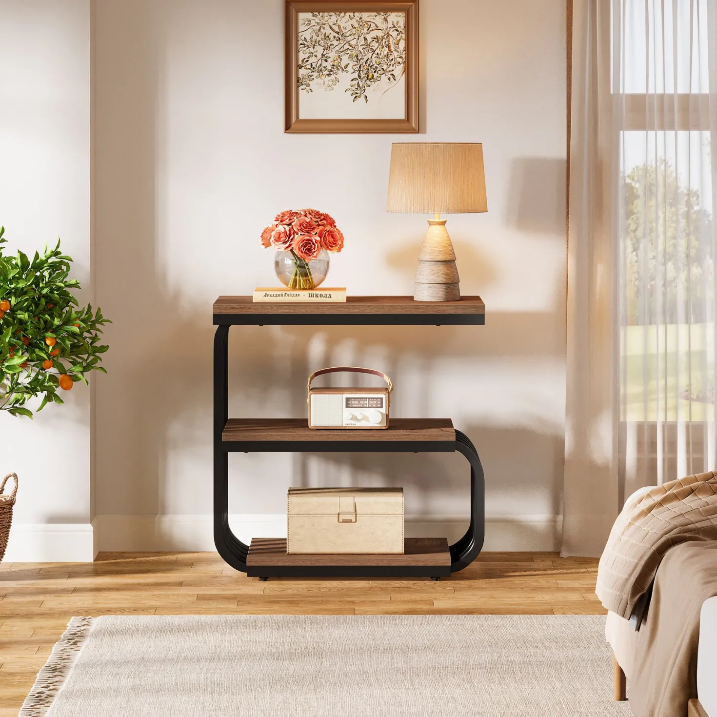 3-Tier Vintage Nightstand, Narrow Bedside Stand with Metal Frame
