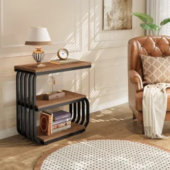 3-Tier Vintage Nightstand, Narrow Bedside Stand with Metal Frame