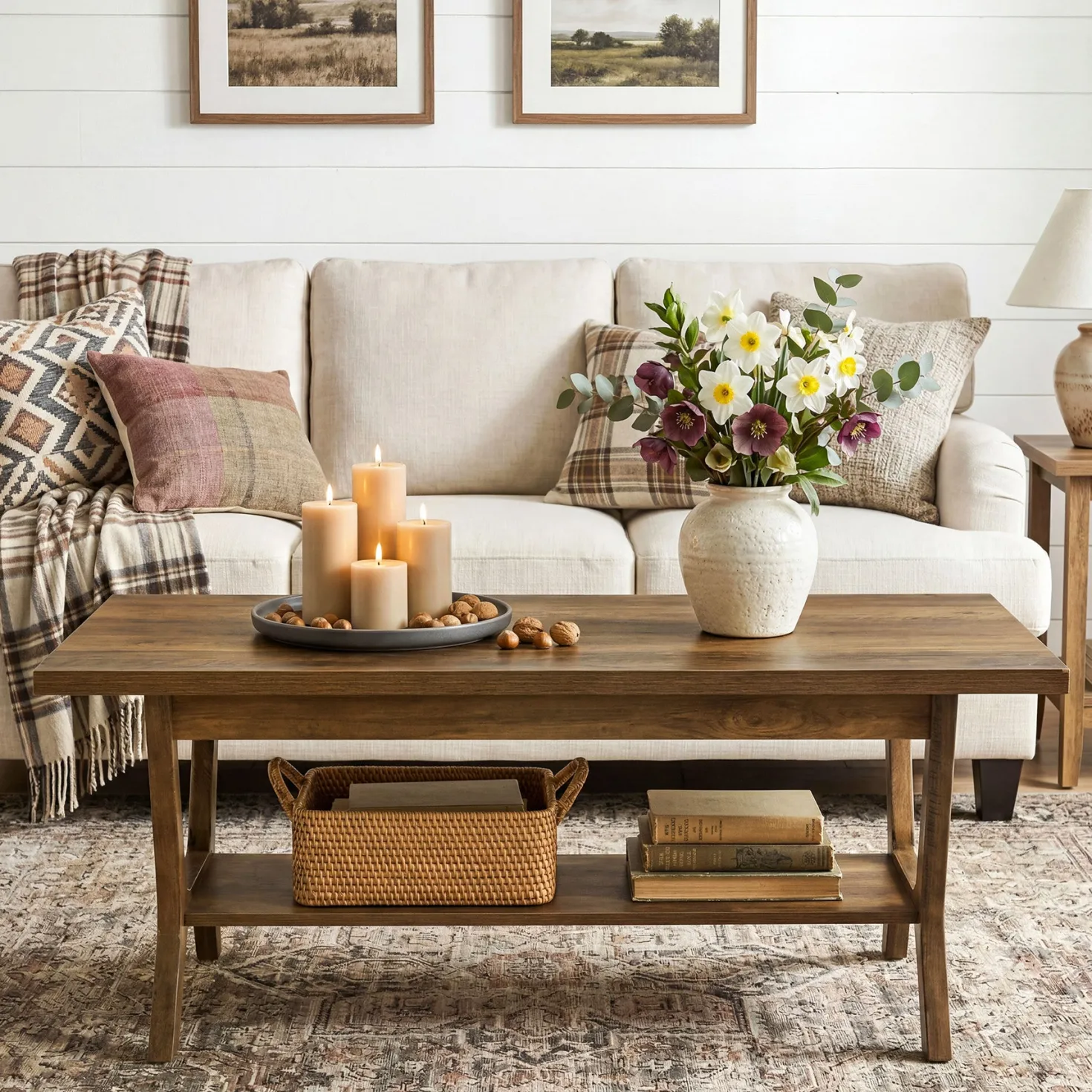 Tribesigns 47.24" Coffee Table, Farmhouse Center Table with Shelf