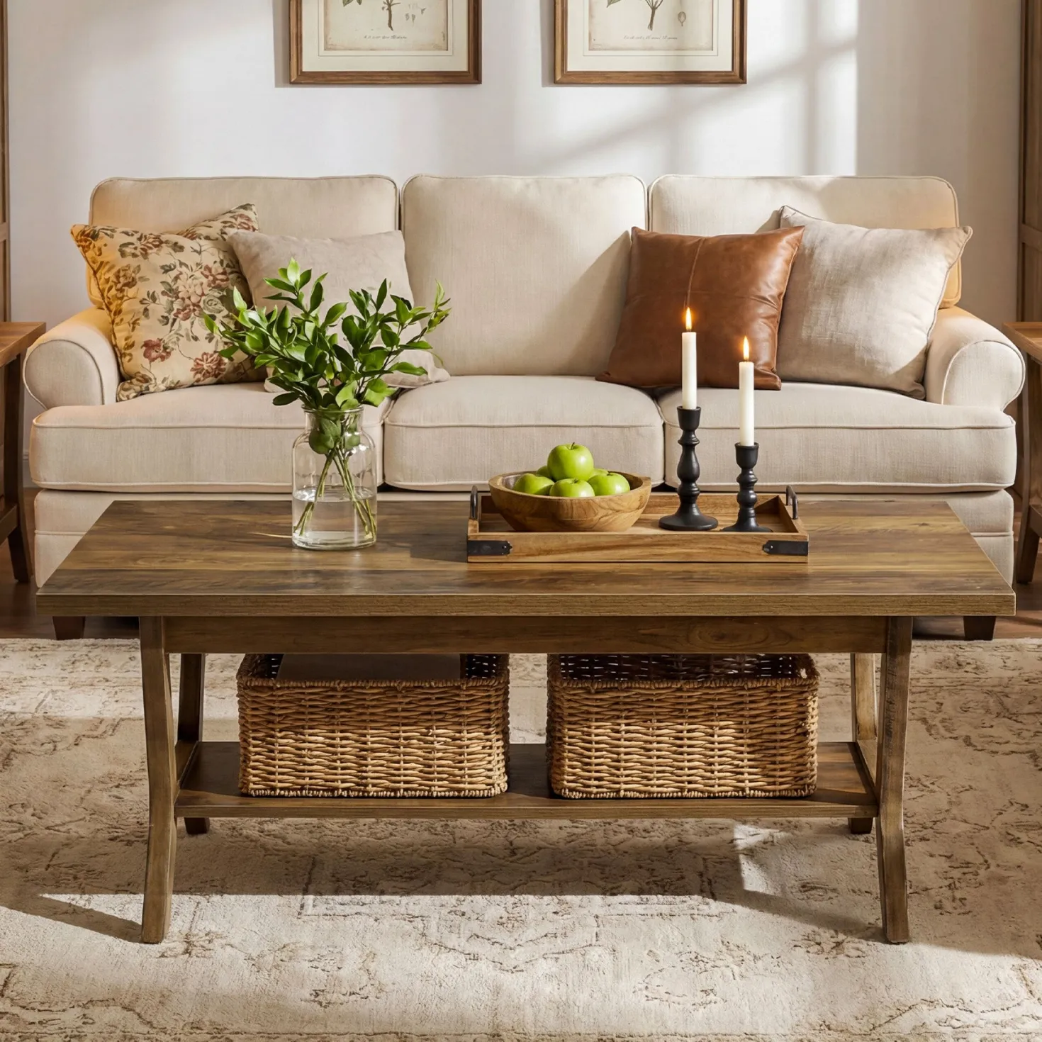 Tribesigns 47.24" Coffee Table, Farmhouse Center Table with Shelf