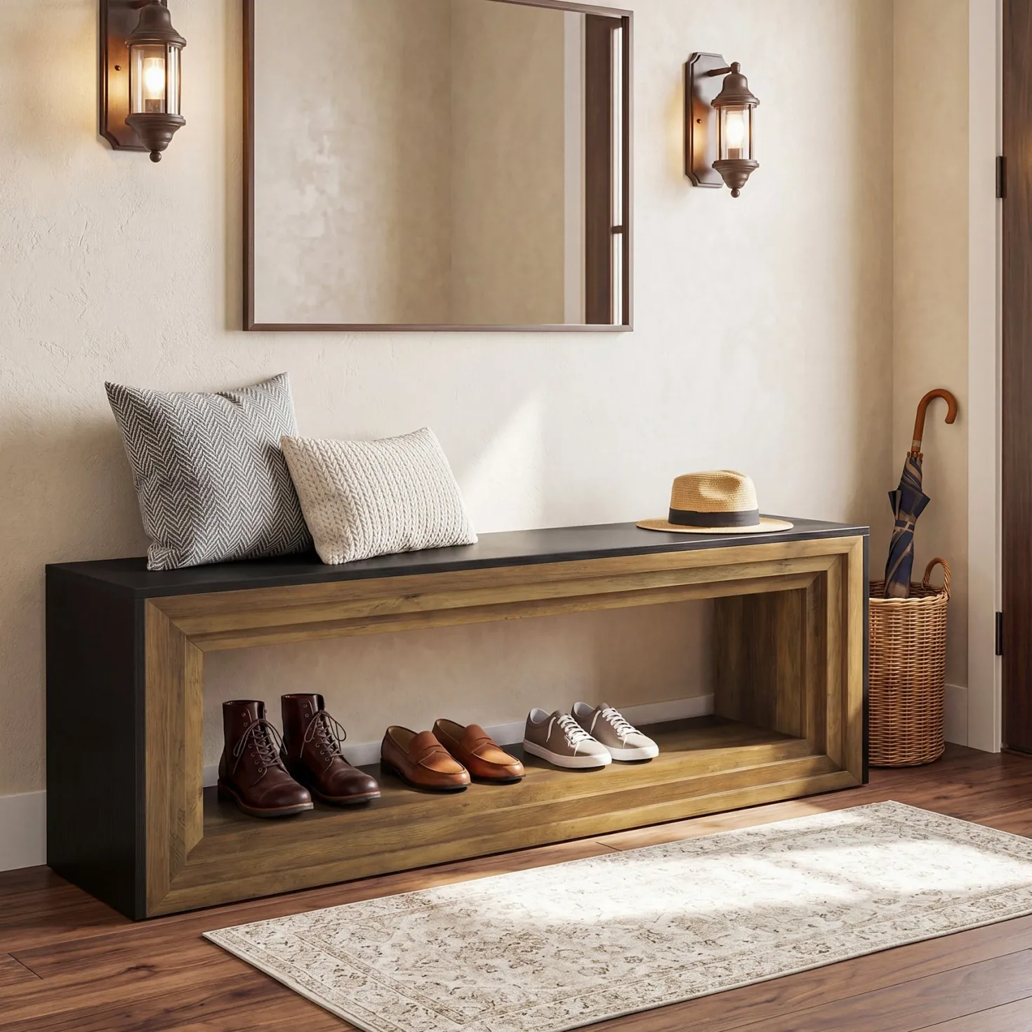Tribesigns 63" Entryway Bench with Shoe Storage, Farmhouse Bench for Hallway