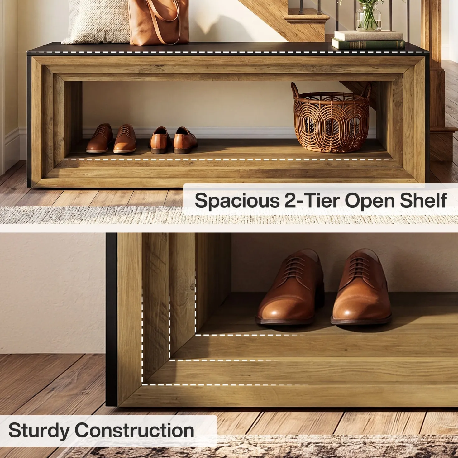 Tribesigns 63" Entryway Bench with Shoe Storage, Farmhouse Bench for Hallway