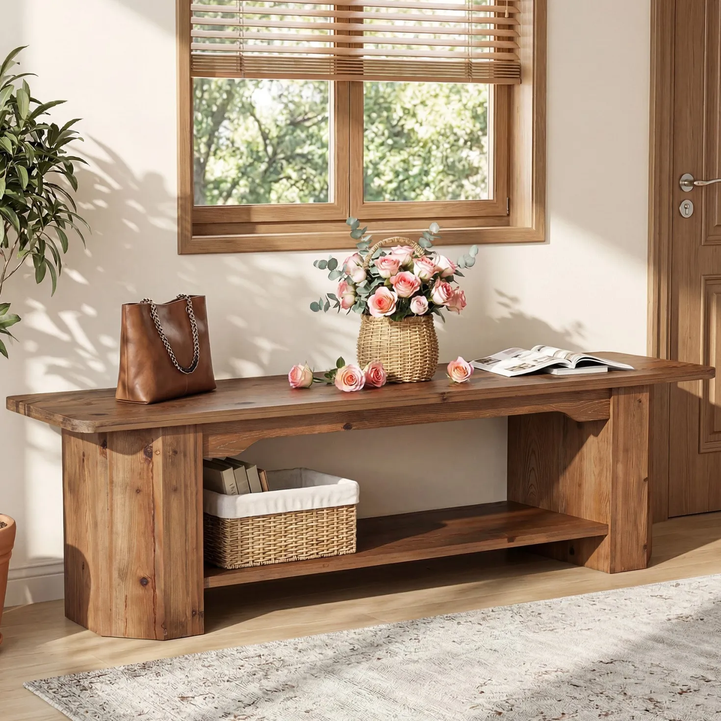 Tribesigns 63" Solid Wood Entryway Bench, Long Shoe Bench for Hallway