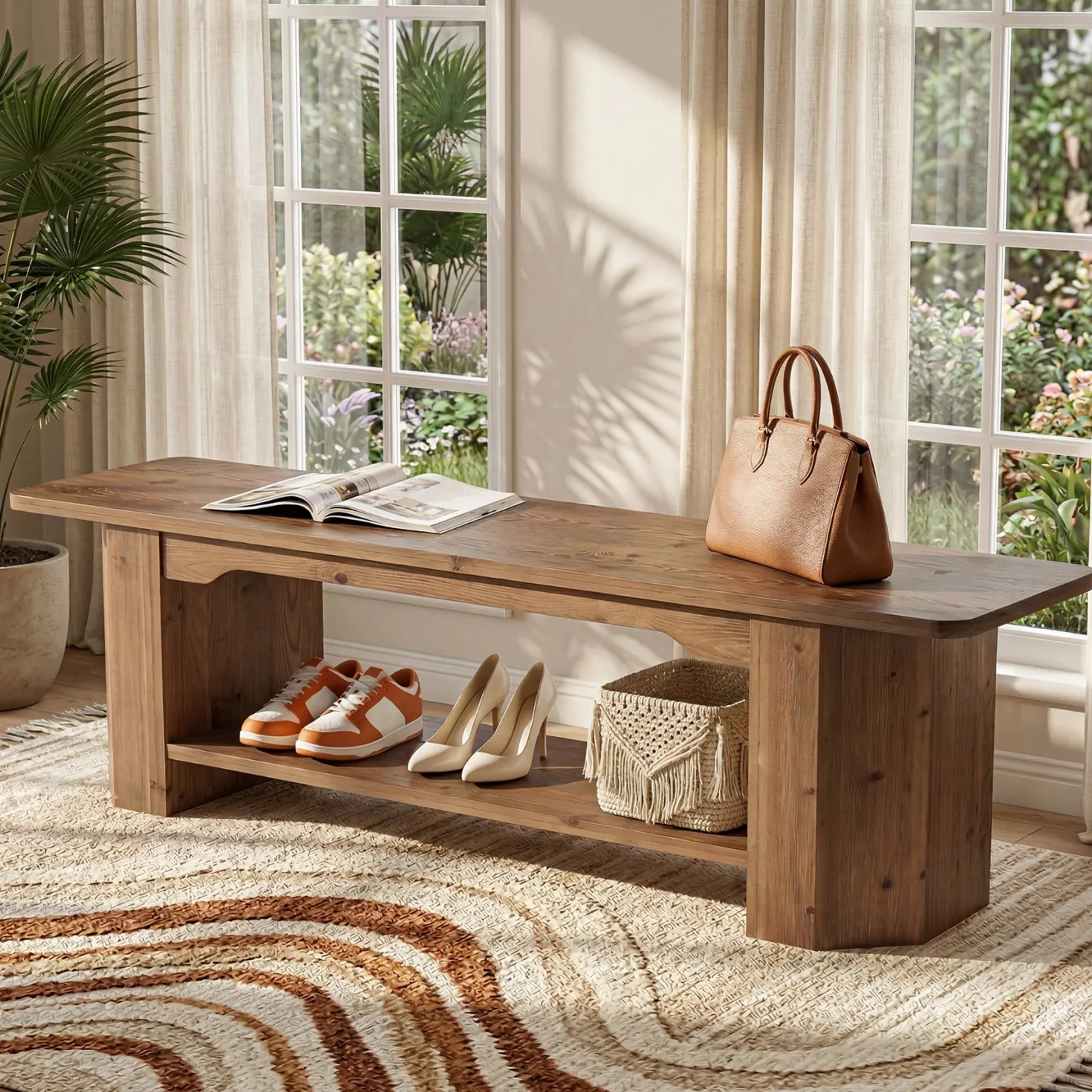 Tribesigns 63" Solid Wood Entryway Bench, Long Shoe Bench for Hallway