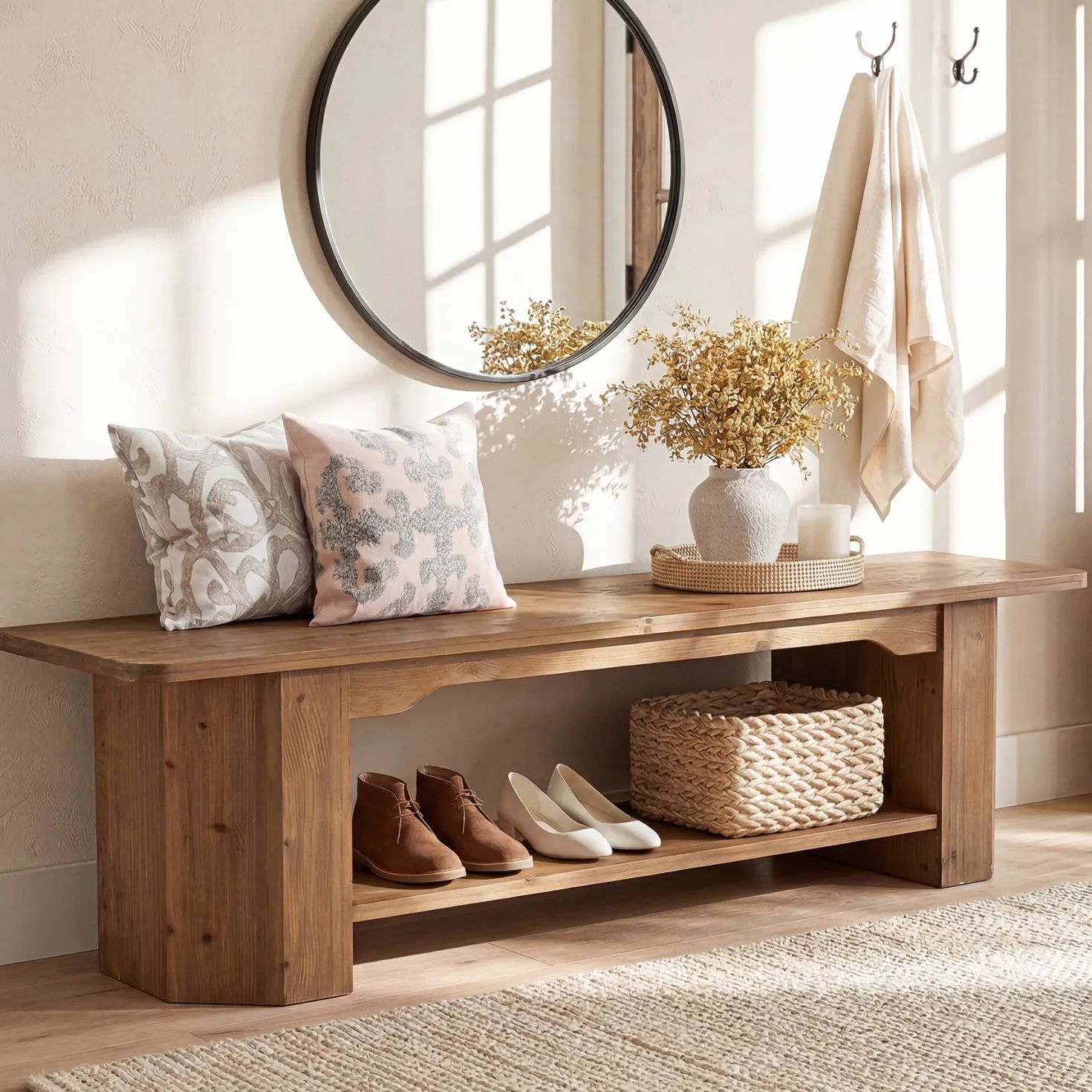 Tribesigns 63" Solid Wood Entryway Bench, Long Shoe Bench for Hallway