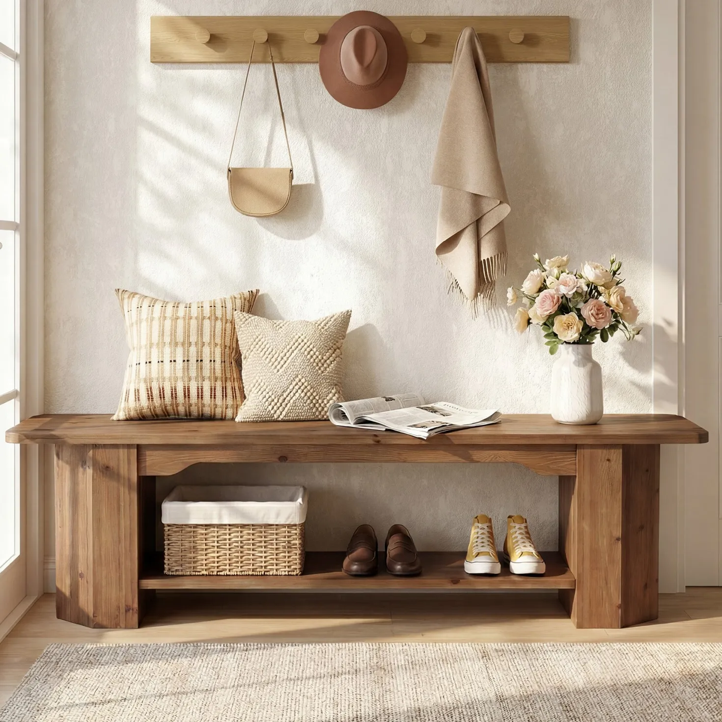 Tribesigns 63" Solid Wood Entryway Bench, Long Shoe Bench for Hallway