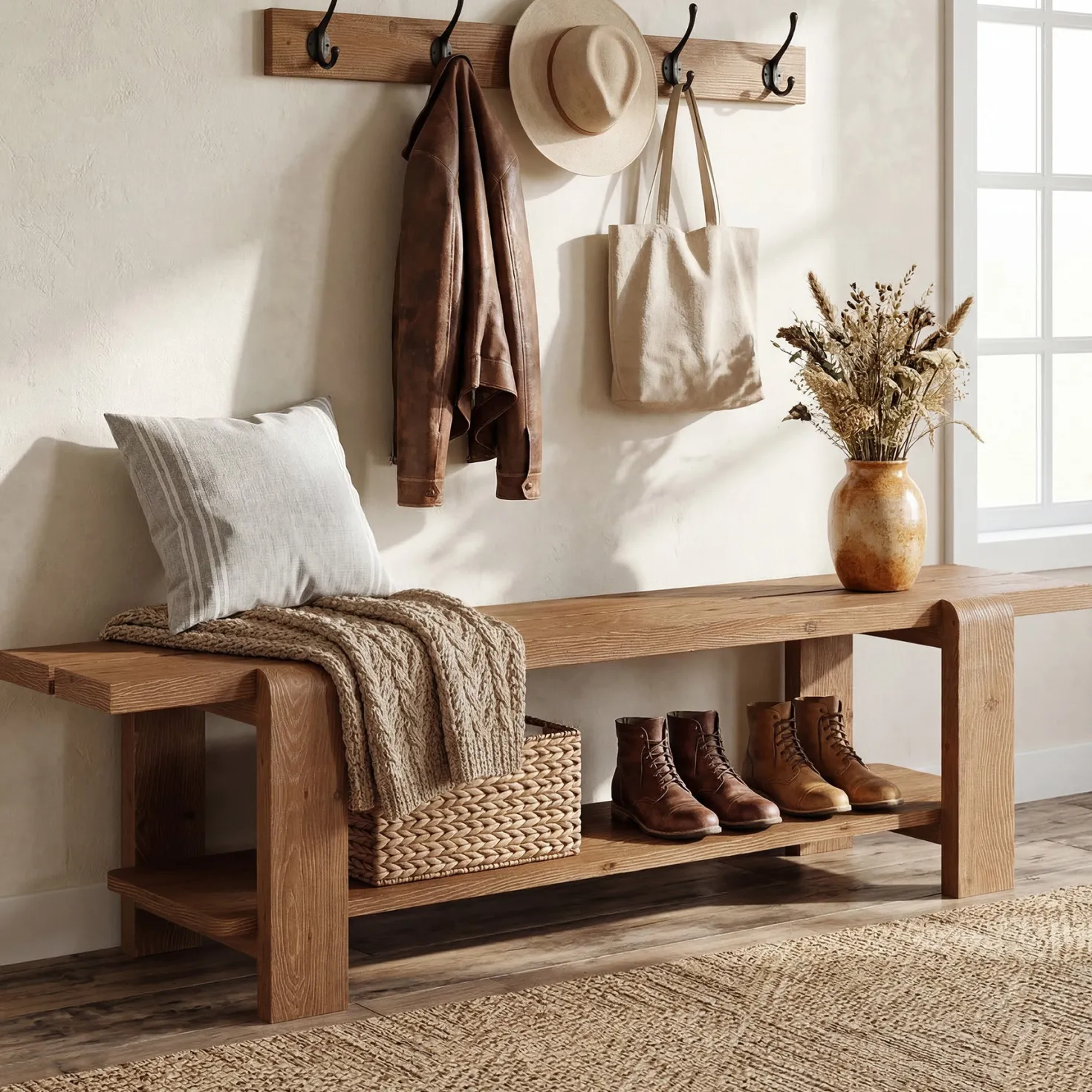 Tribesigns 63" Solid Wood Entryway Bench, Farmhouse Shoe Storage Bench for Hallway