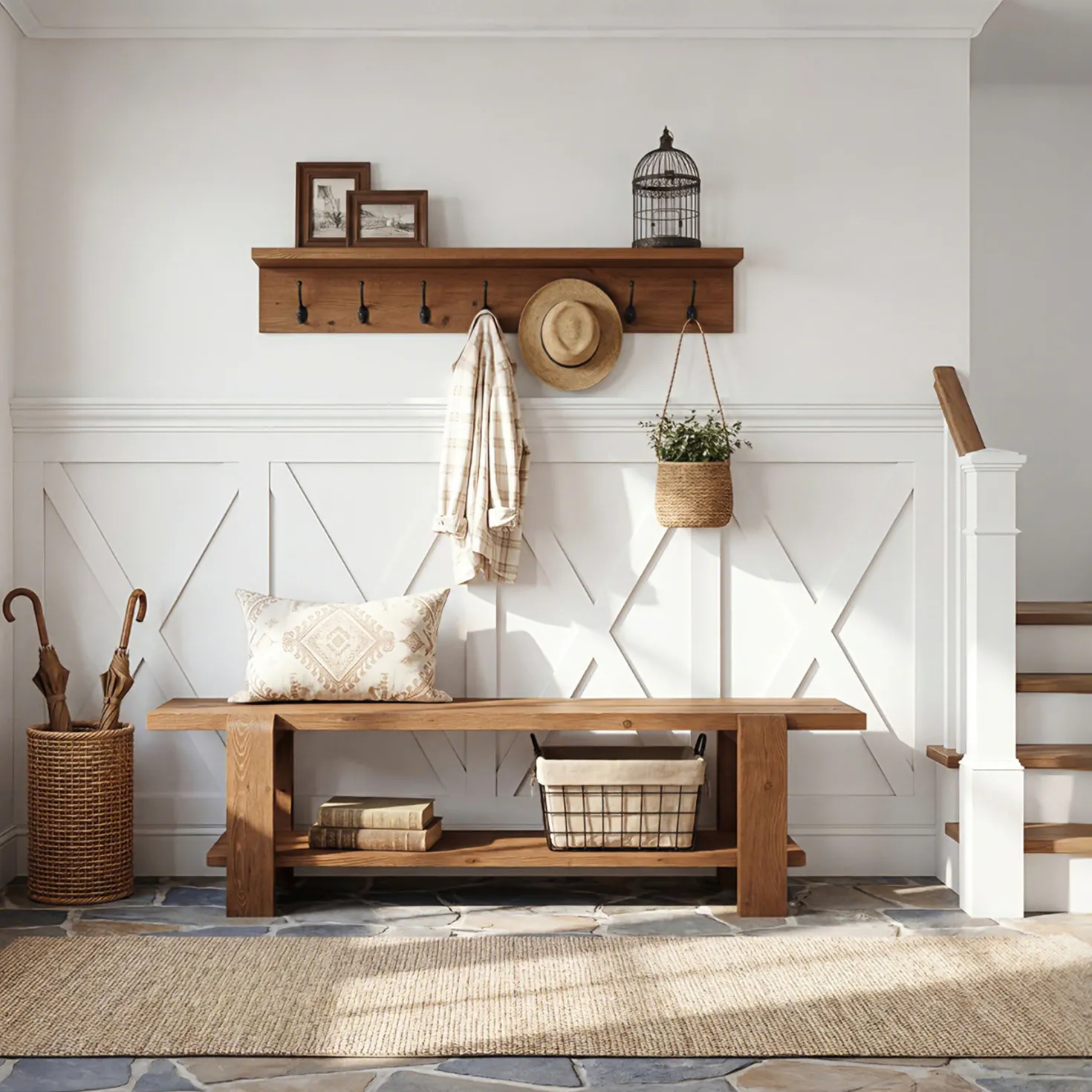 Tribesigns 63" Solid Wood Entryway Bench, Farmhouse Shoe Storage Bench for Hallway