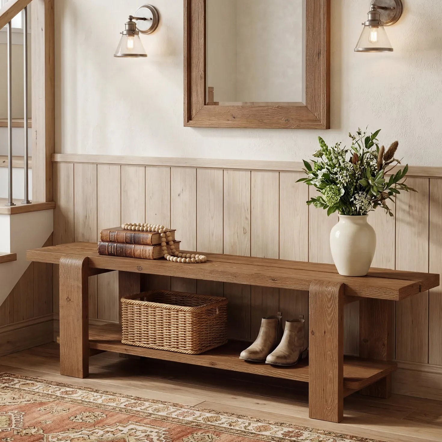 Tribesigns 63" Solid Wood Entryway Bench, Farmhouse Shoe Storage Bench for Hallway