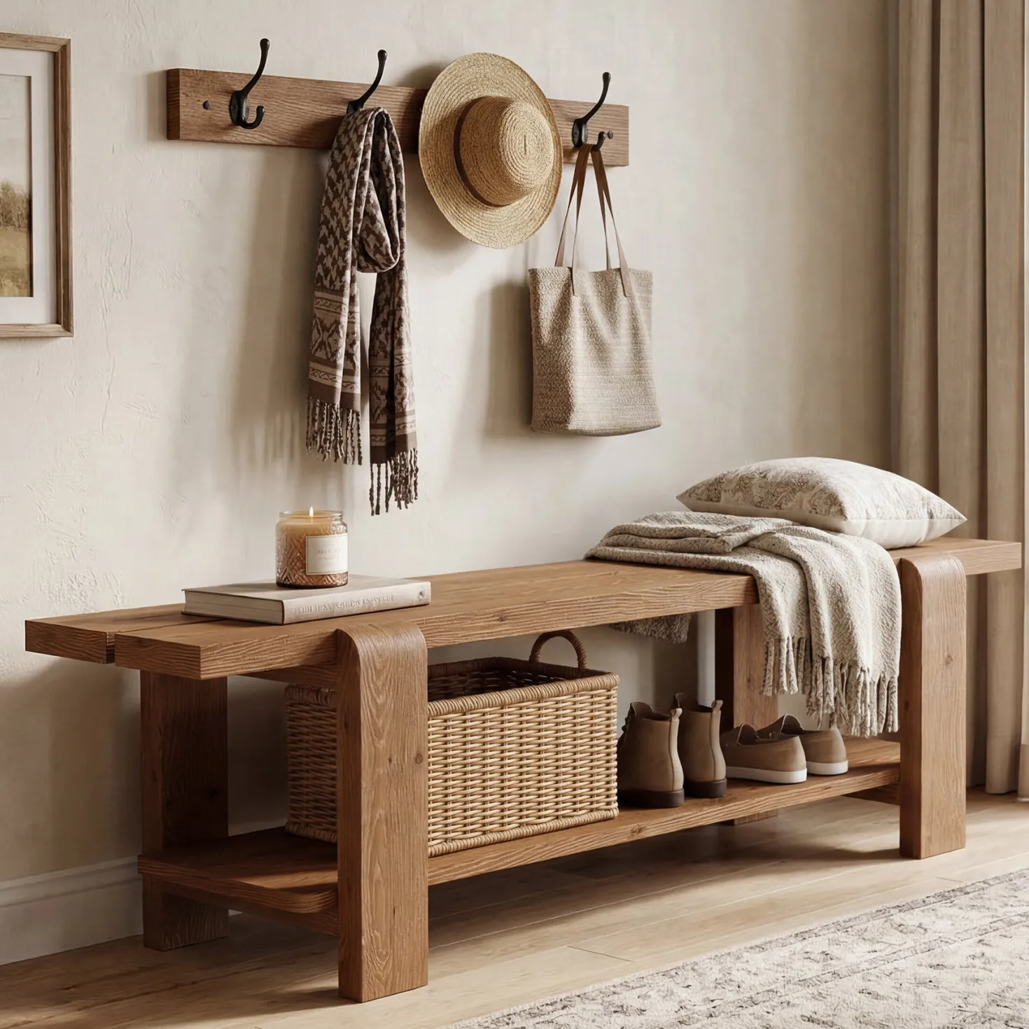 Tribesigns 63" Solid Wood Entryway Bench, Farmhouse Shoe Storage Bench for Hallway