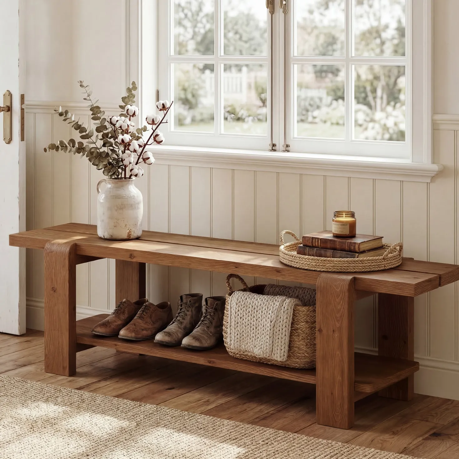 Tribesigns 63" Solid Wood Entryway Bench, Farmhouse Shoe Storage Bench for Hallway