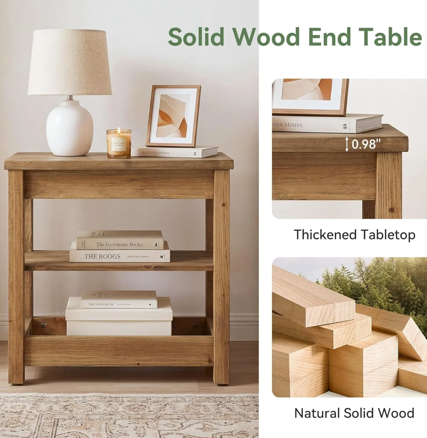 Tribesigns 23.62" Solid Wood End Table, 3-Tier Narrow Side Table for Living Room and Bedroom
