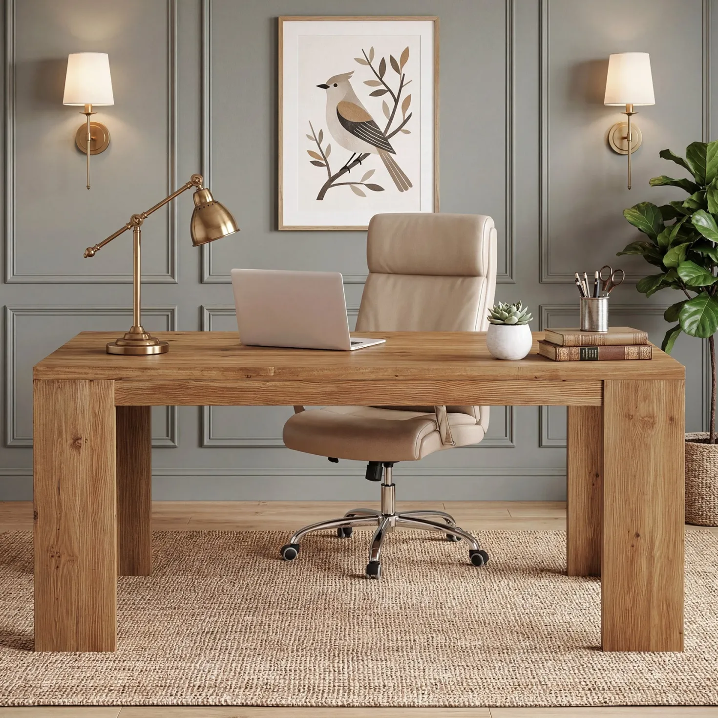 Tribesigns 63" Solid Wood Executive Desk, Farmhouse Office Desk for Home