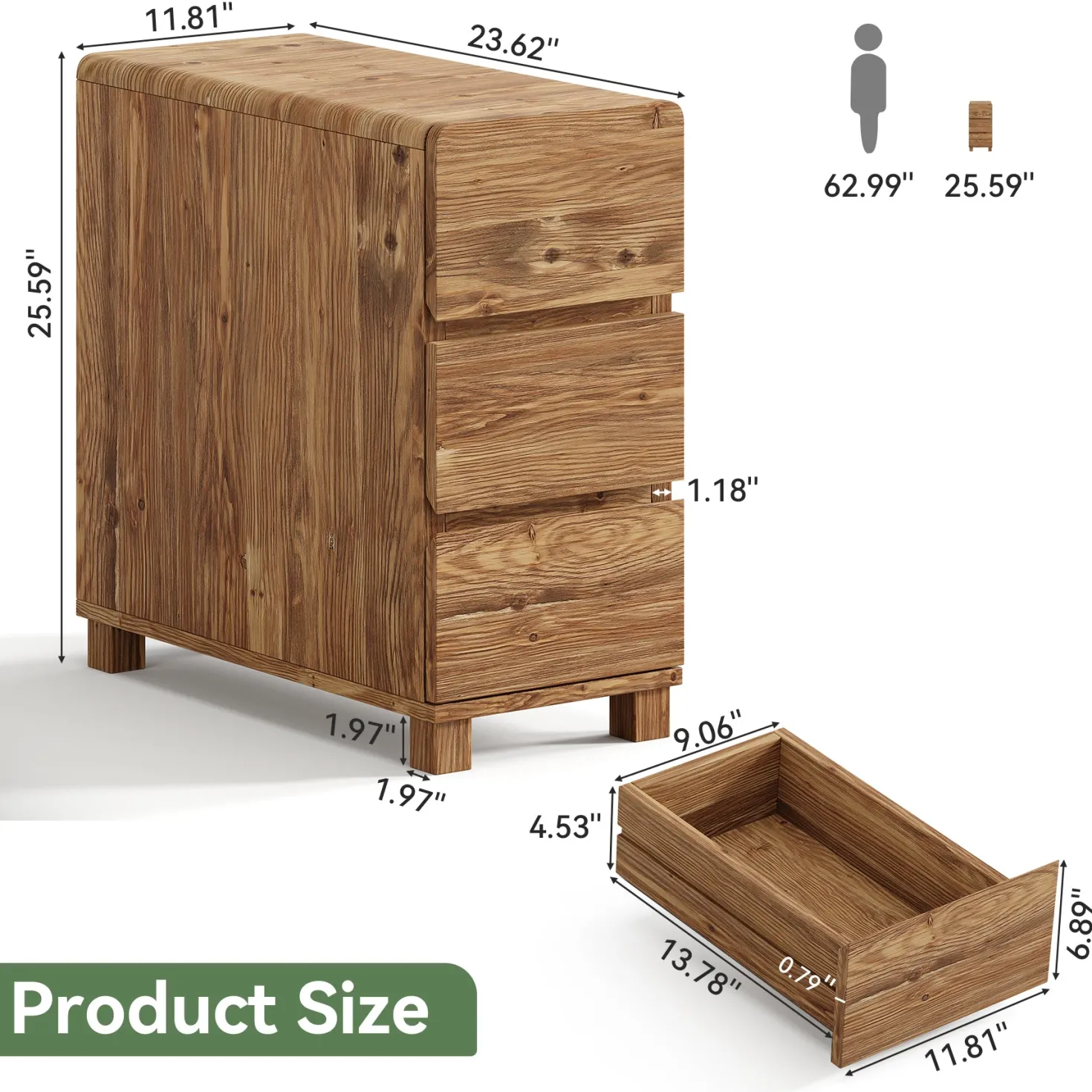 Tribesigns 3-Drawer Nightstand, Solid Wood Bedside Table for Bedroom