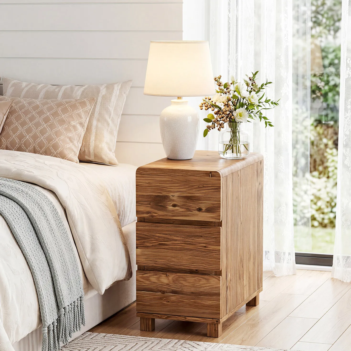 Tribesigns 3-Drawer Nightstand, Solid Wood Bedside Table for Bedroom