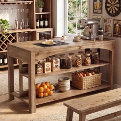 Tribesigns 59-Inch Kitchen Island, Solid Wood Island Table with 3-Tier Storage for Kitchen Dining Room