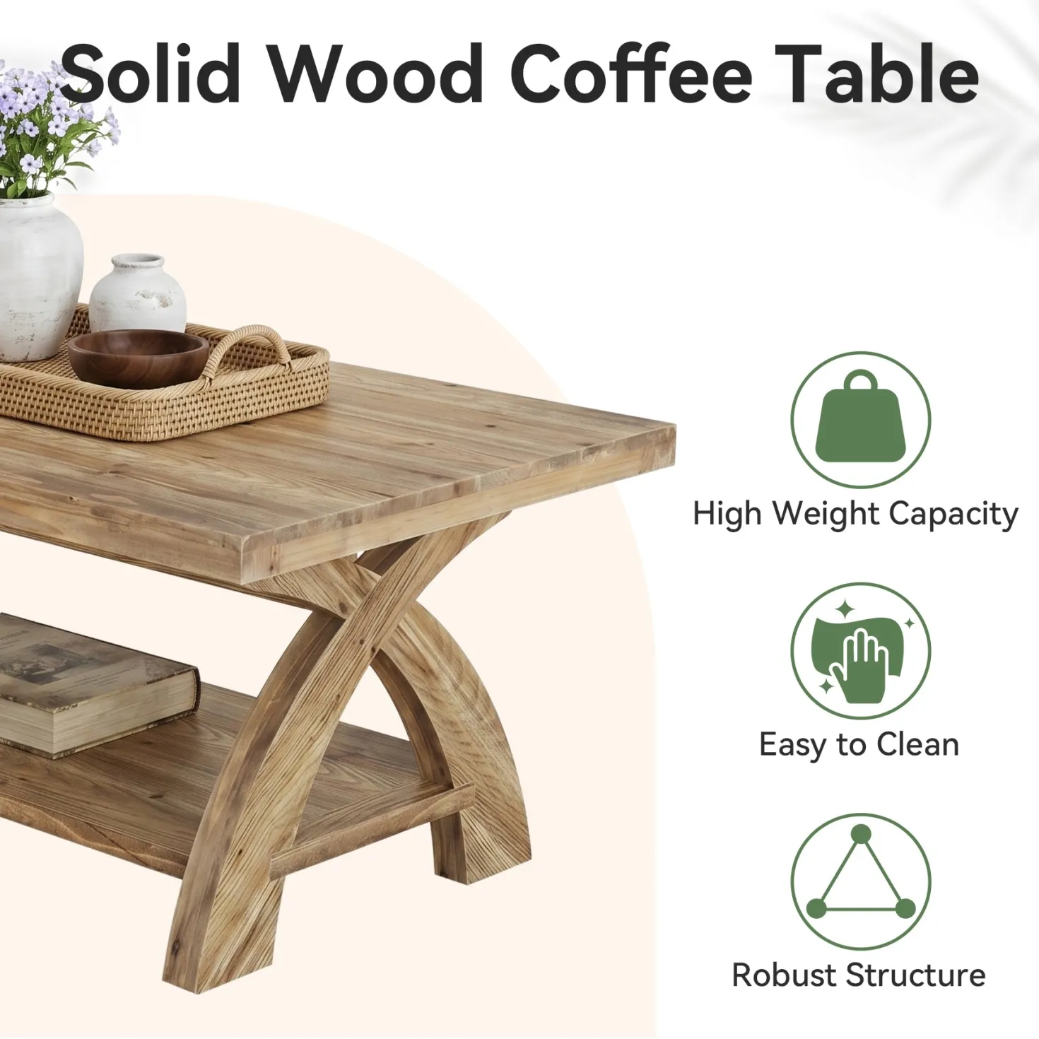 Tribesigns 47.24-Inch Solid Wood Coffee Table, X-Leg Center Table for Living Room