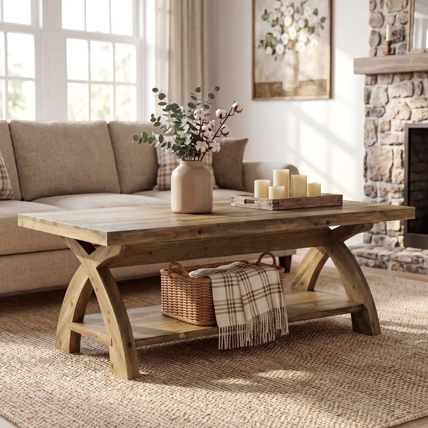 Tribesigns 47.24-Inch Solid Wood Coffee Table, X-Leg Center Table for Living Room