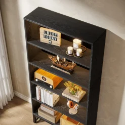 Tribesigns 70.8-Inch Tall Bookcase with LED Lights, 5-Tier Black Bookshelf Organizer