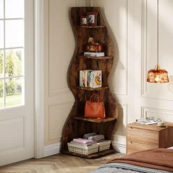 Tribesigns Wavy Corner Shelf, Modern 5-Tier Curved Bookshelf for Small Spaces