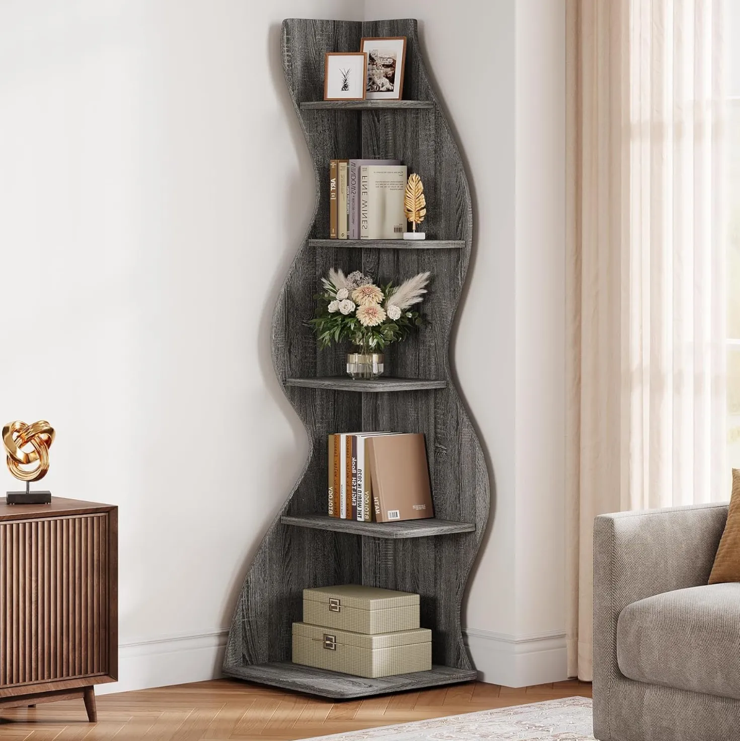 Tribesigns Wavy Corner Shelf, Modern 5-Tier Curved Bookshelf for Small Spaces