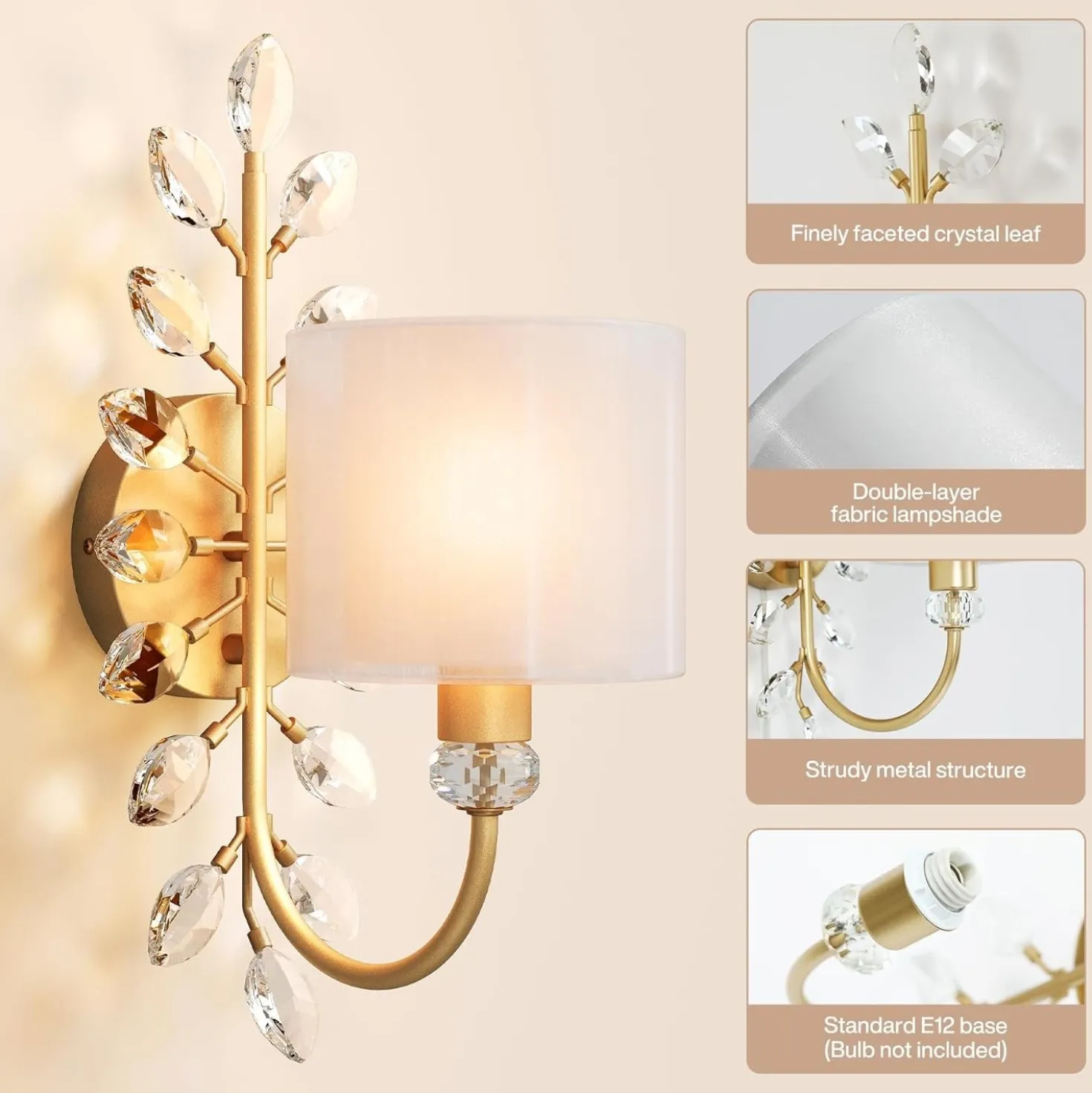 Wall Light Fixtures, Decorative Wall Sconce with Crystal Leaves Shape for Living Room(E12 Base)