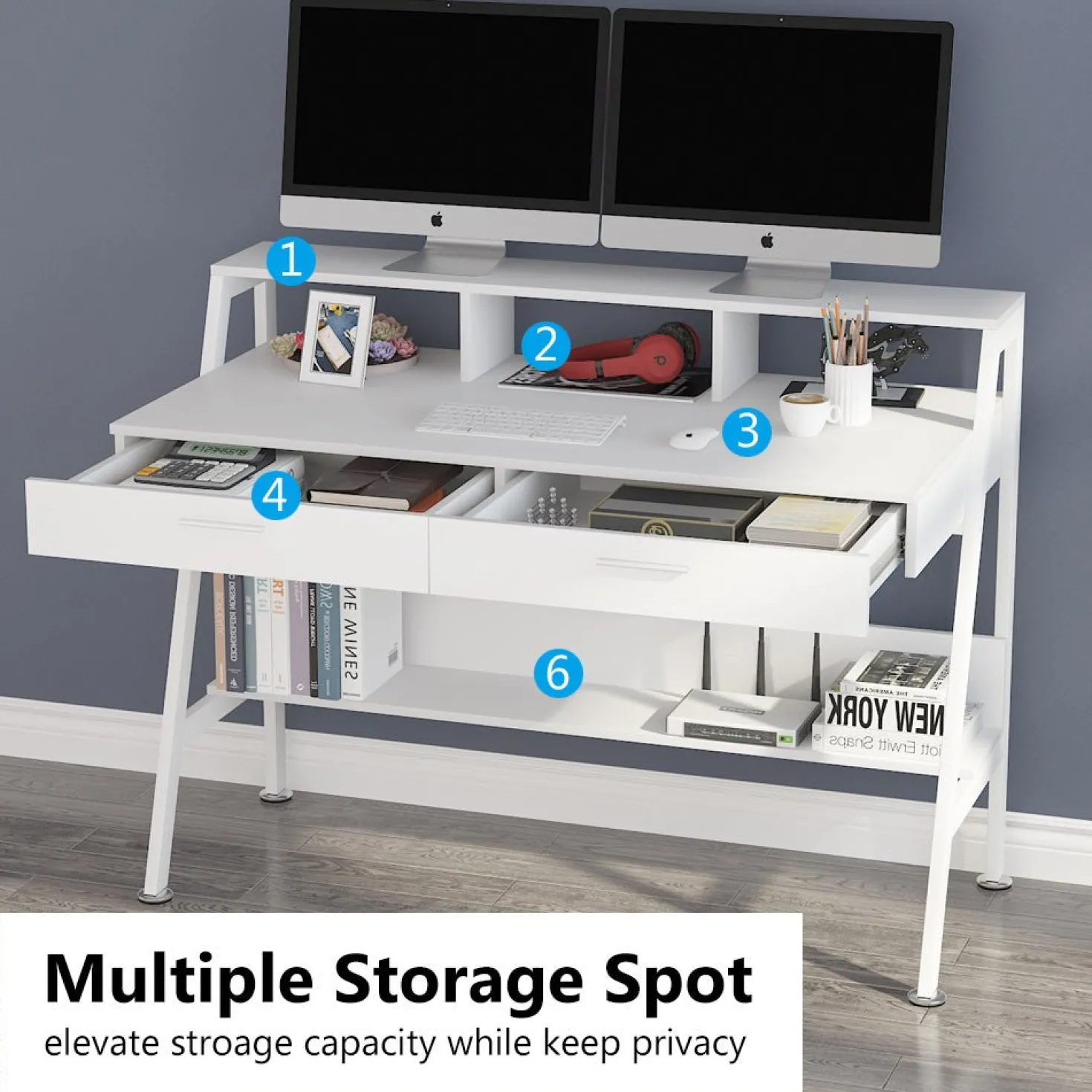White Computer Desk, 47" Writing Desk with Storage Shelf & Drawers