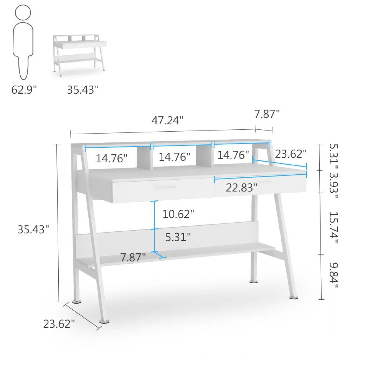 White Computer Desk, 47" Writing Desk with Storage Shelf & Drawers