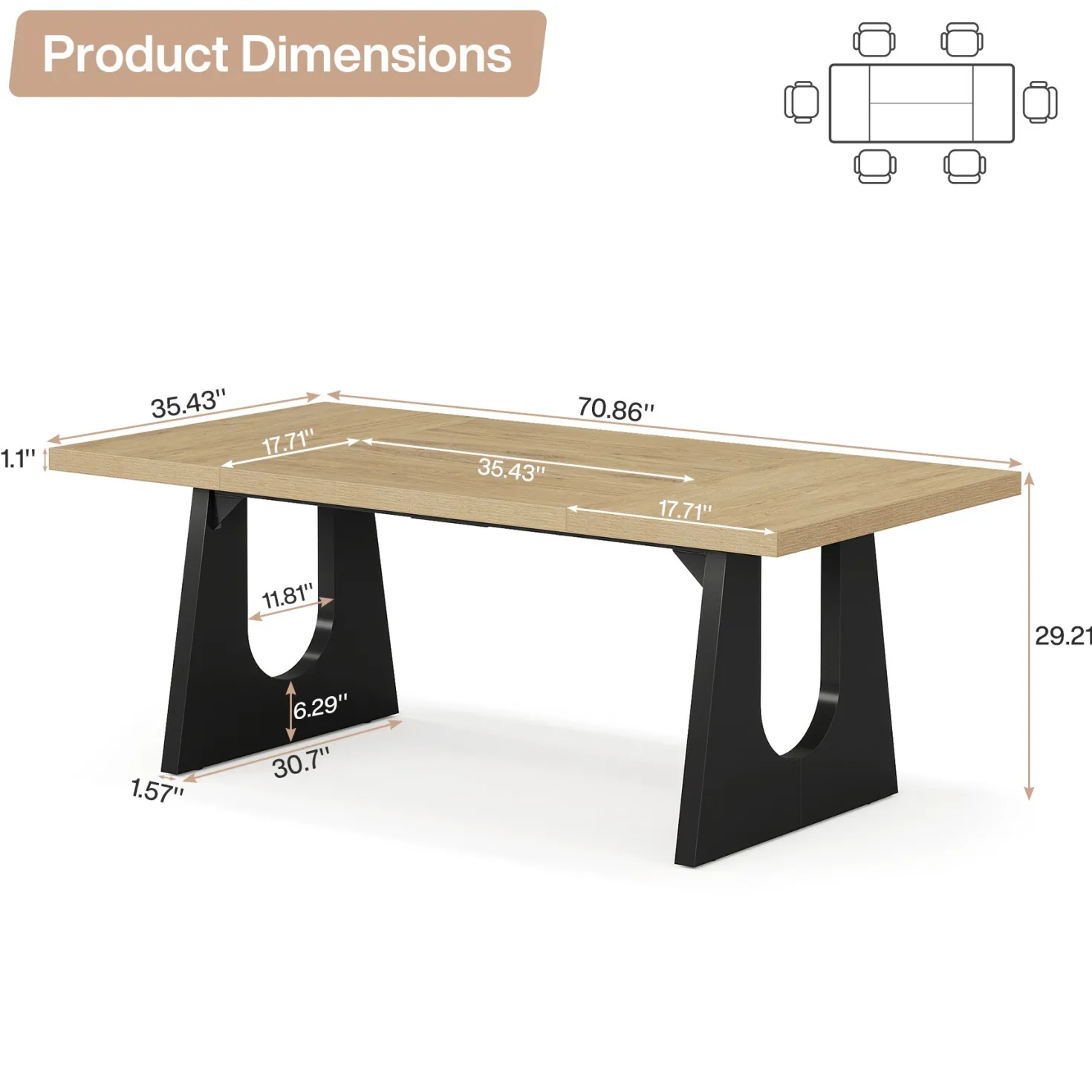 Wood Dining Table, 70" Rectangular Kitchen Table for 6-8 People