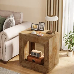 Wood End Table, Square Side Table Nightstands with Storage