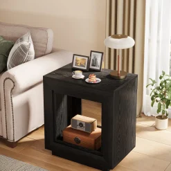 Wood End Table, Square Side Table Nightstands with Storage
