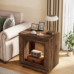 Wood End Table, Square Side Table Nightstands with Storage