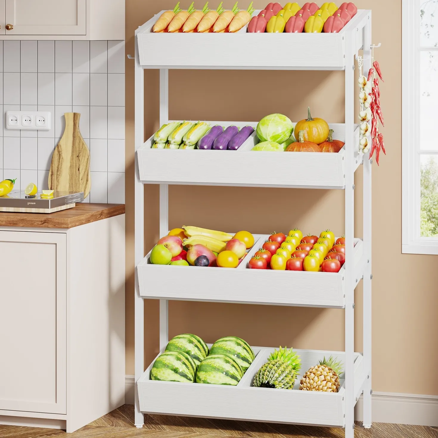 Wood Fruit Vegetable Storage Rack Stand, 4-Tier Storage Organizer