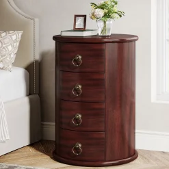 Wood Nightstand, Round Bedside Table with 4 Drawers(No Assembly Required)