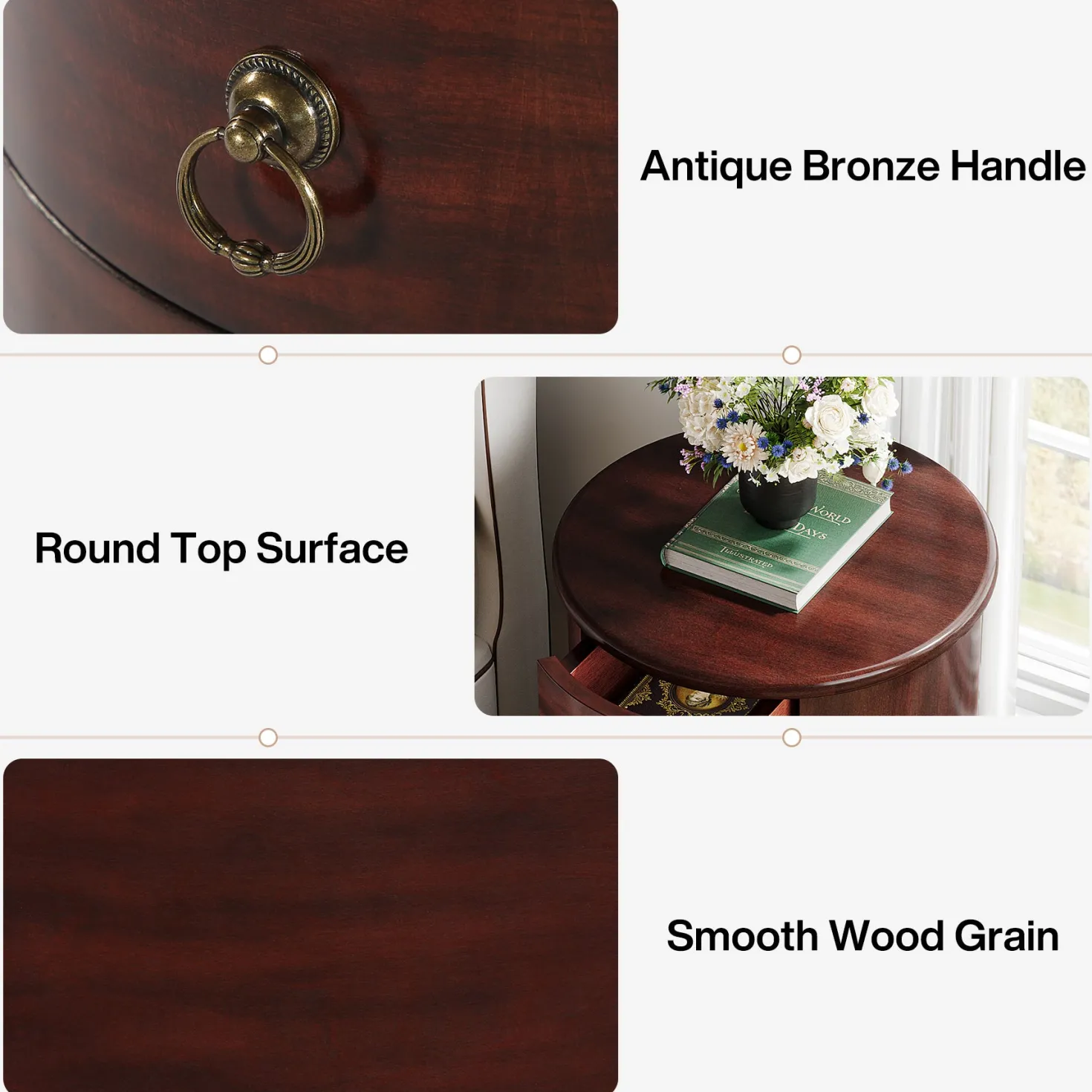 Wood Nightstand, Round Bedside Table with 4 Drawers(No Assembly Required)
